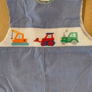 Smocked trucks Jon Jon romper - pants and long sleeve shirt